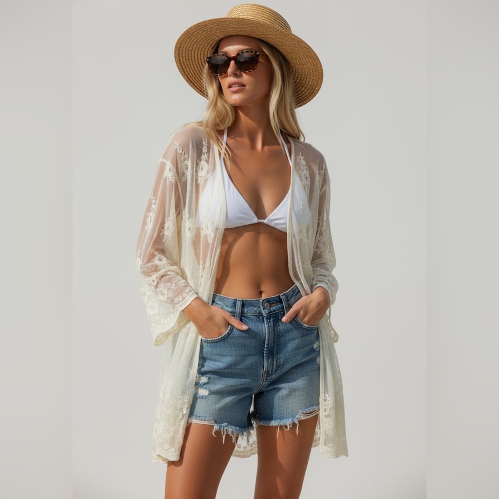 Ginger G Lace Kimono Duster Sheer Floral Bohemian Cover‎ Up Cream Size S